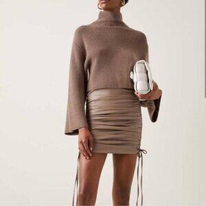 LAPOINTE Faux Leather Mini Skirt in Beige Brown Ruched Edgy Size 0 Stretch